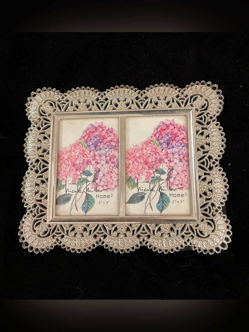 Nicole Miller Silver Ornate Double Frame with Filigree 2x3.